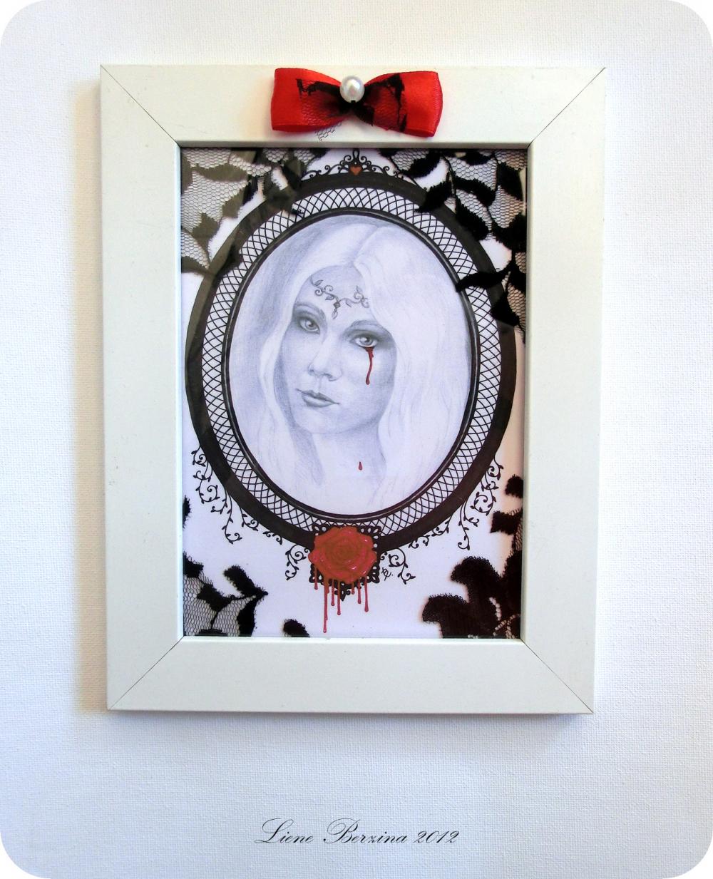 Framed portrait reproduction of a woman: Dying Rose. Drawing in black, white, red. Gothic style **