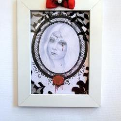 Framed portrait reproduction of a woman: Dying Rose. Drawing in black, white, red. Gothic style **