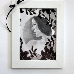 Framed Art reproduction "You whispered: Come..." black and white, gothic style **
